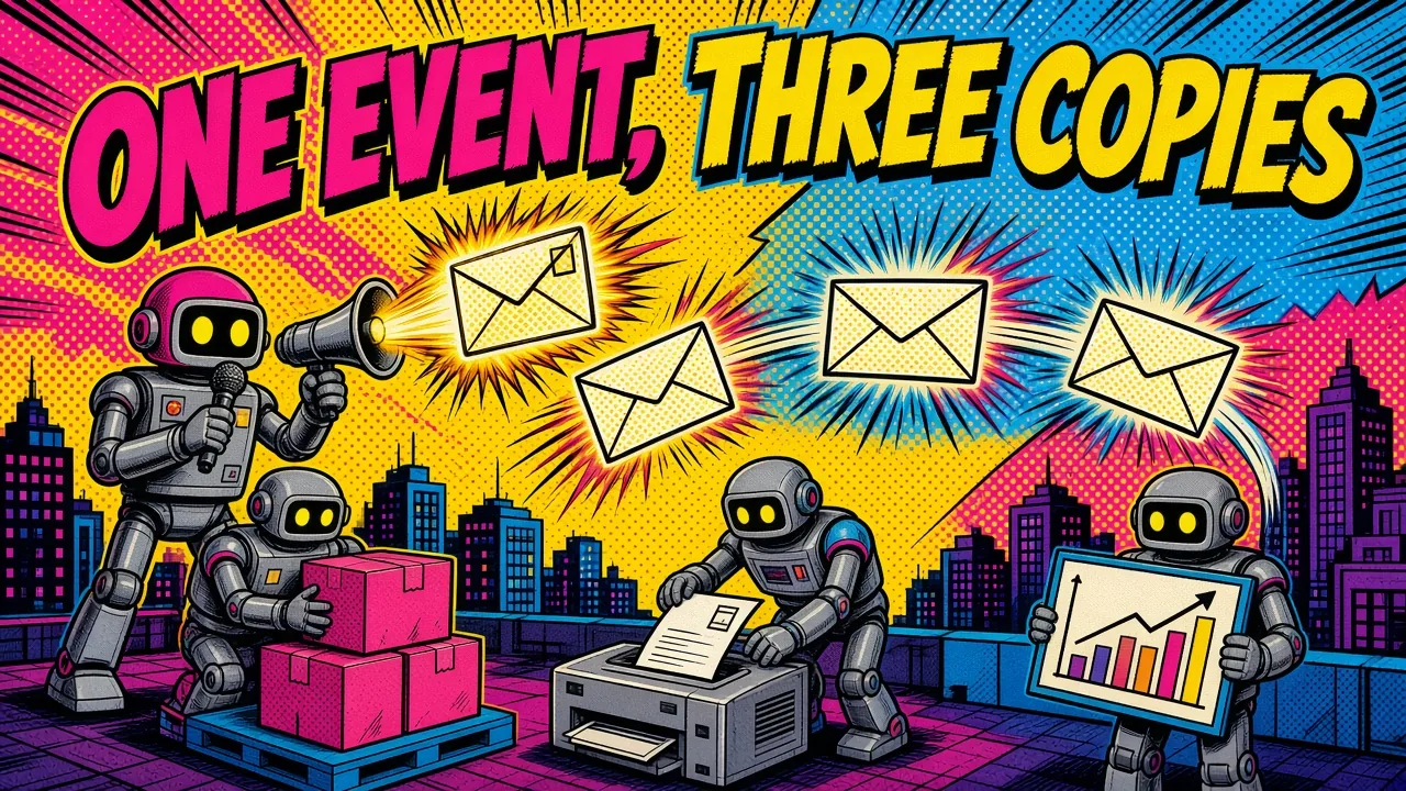 Comic panel of a broadcaster robot sending one envelope that splits into three copies caught by three worker robots