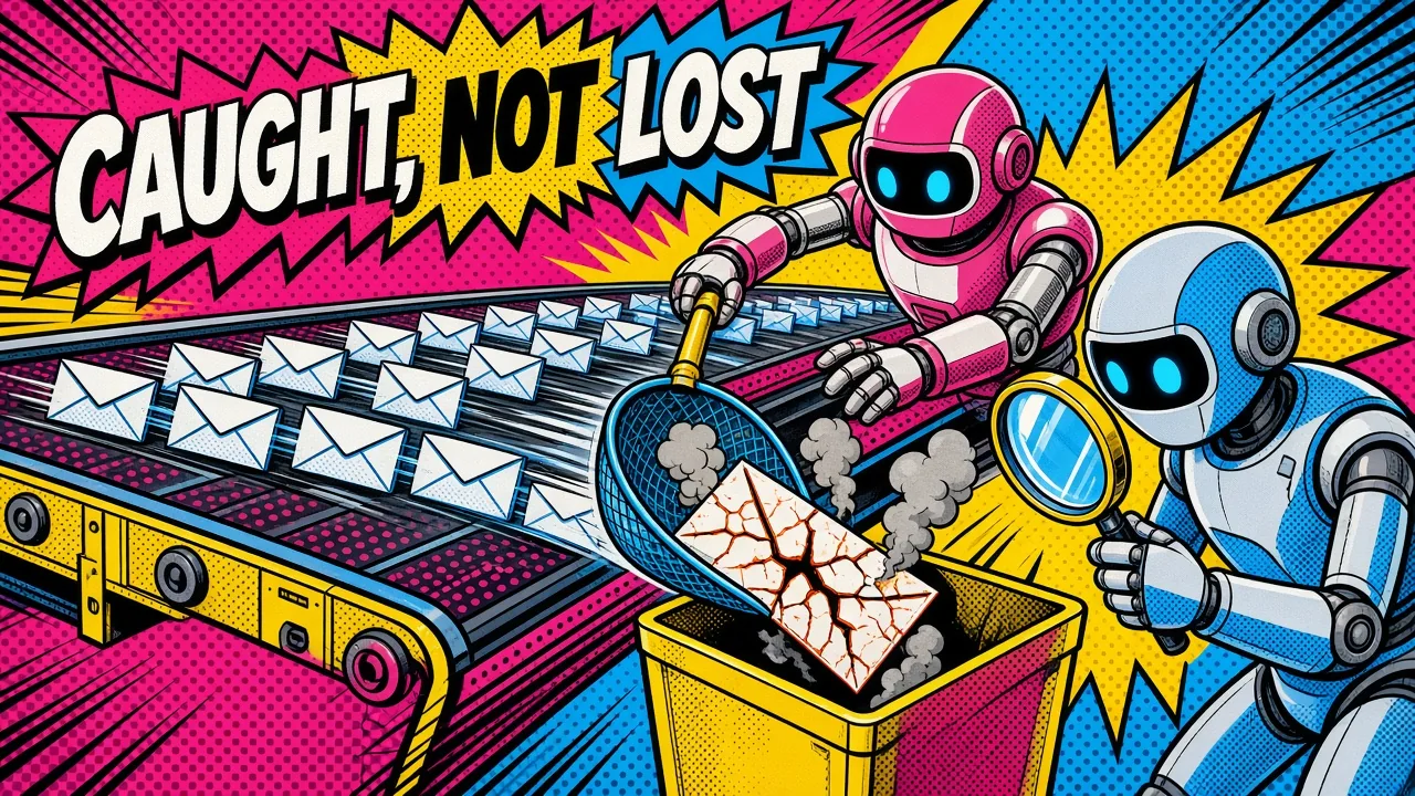 Comic panel of a robot pulling a broken envelope off a conveyor into a side bin while a mechanic robot inspects it