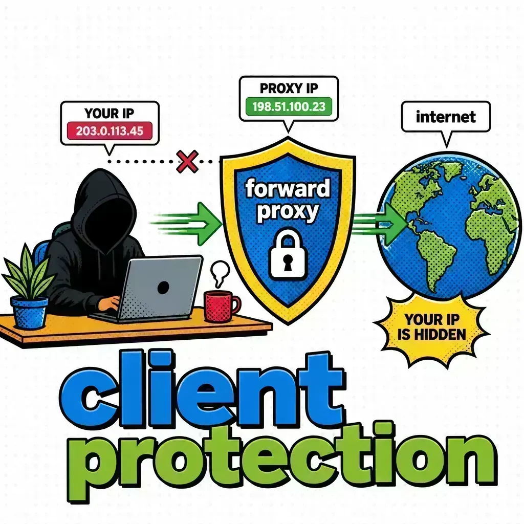 Forward proxy diagram: client requests pass through a proxy that masks the client IP before reaching the internet