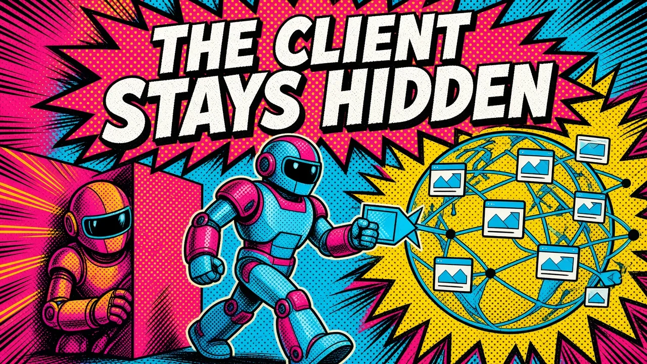 Comic panel of small laptop robots sending requests through one masked proxy robot that faces the internet on their behalf