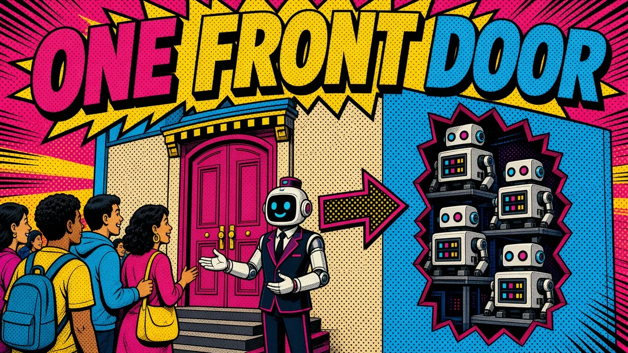 Comic panel of a single gatekeeper robot at the edge taking internet traffic and handing requests to several server robots behind a wall