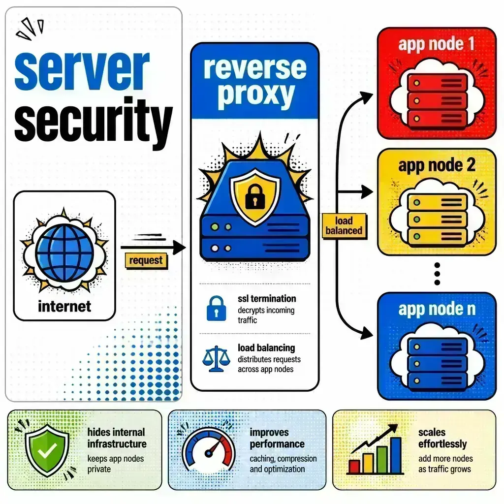 Reverse proxy diagram: a single edge entry point receiving internet traffic and distributing it across multiple backend servers