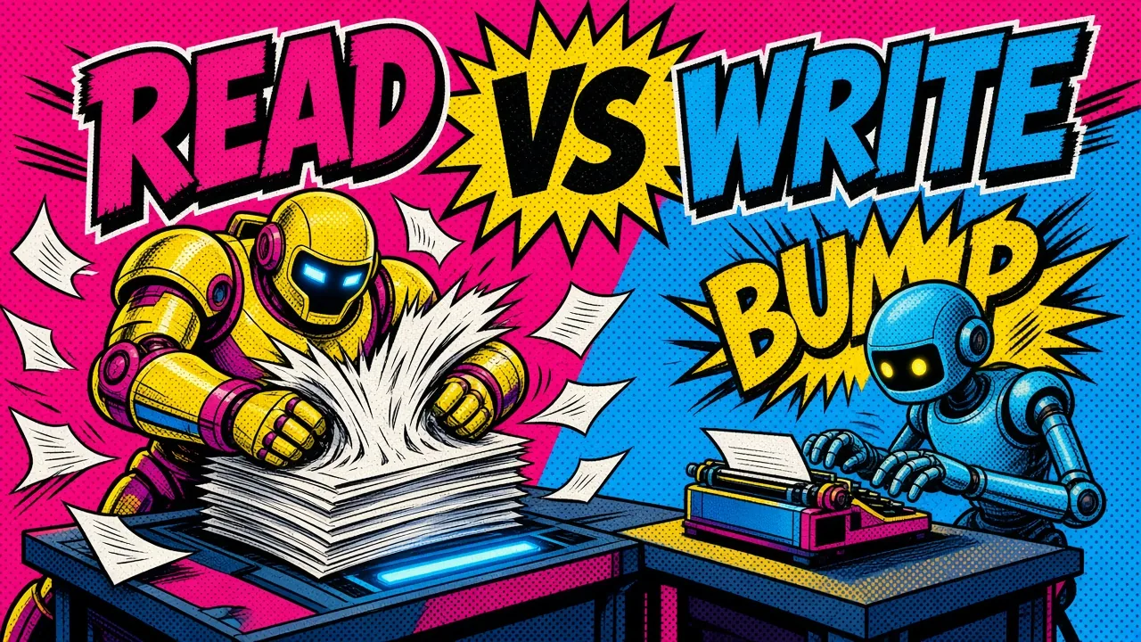 Comic panel of a strong robot tearing through a paper stack while a slim robot typing one letter at a time gets pushed aside