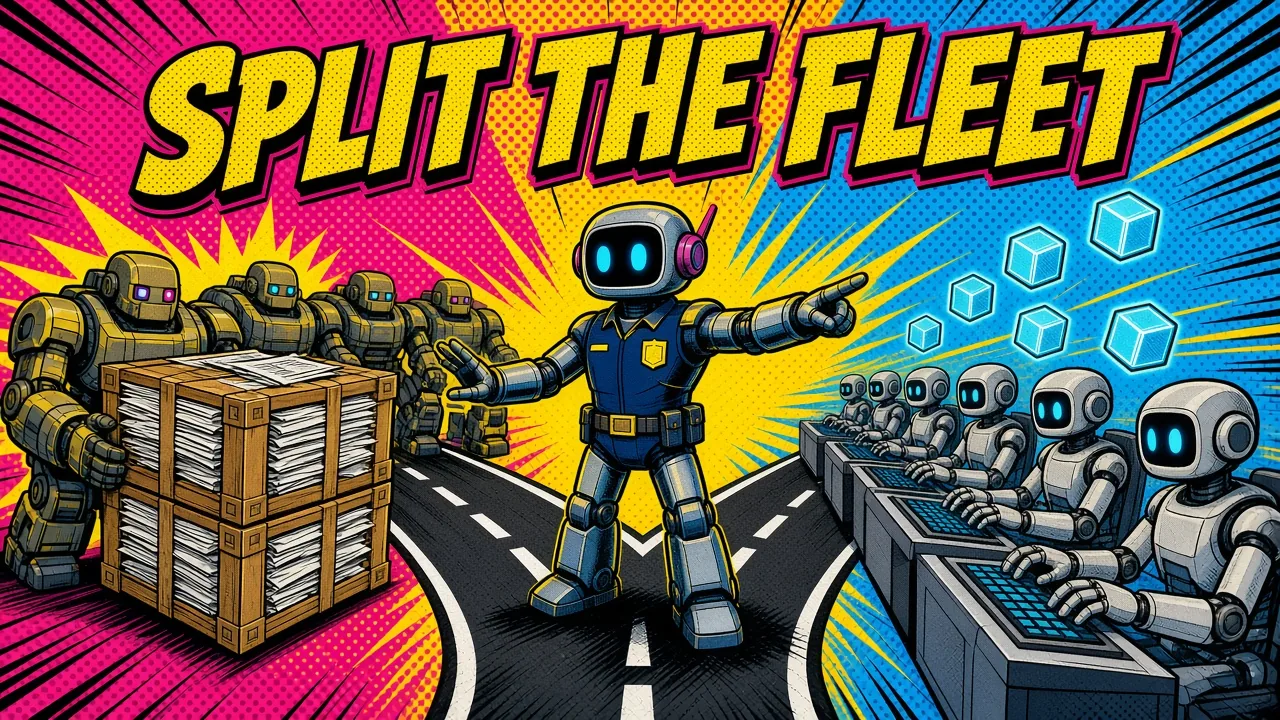 Comic panel of a traffic robot sending big crates to heavy-lifter robots and small cubes to fast typist robots
