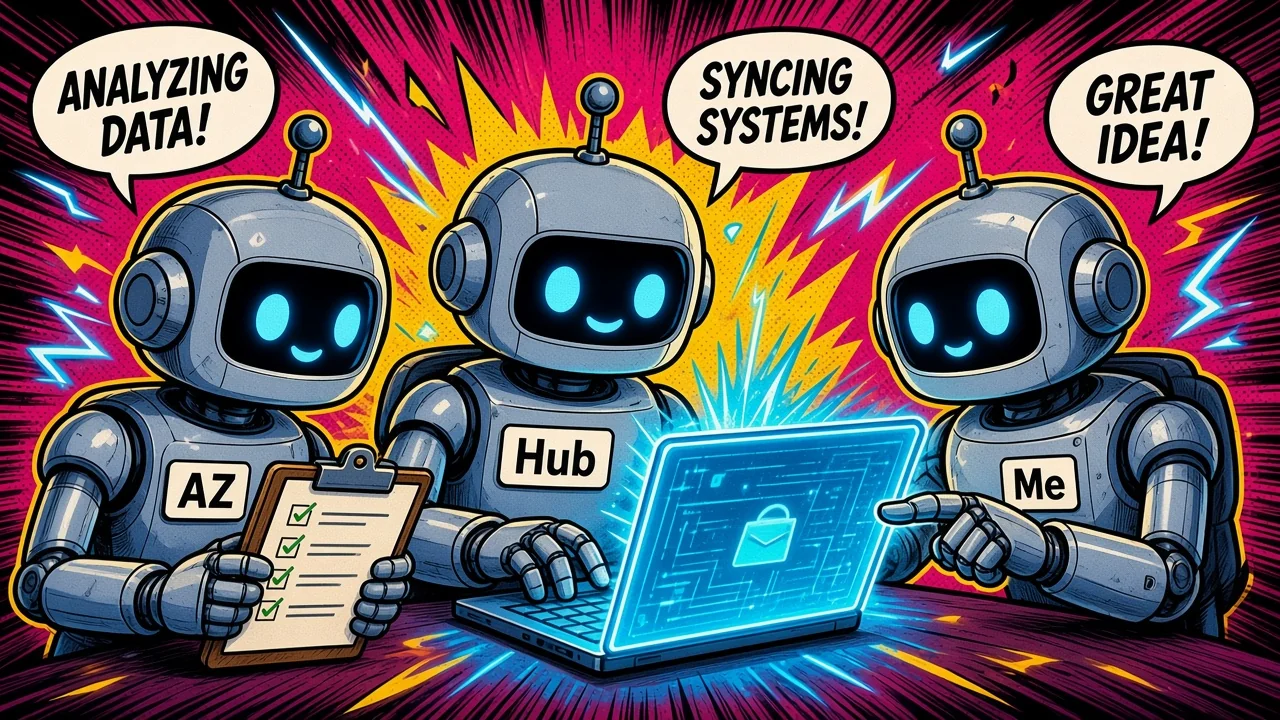Comic pop-art scene of a founder closing a laptop while four small robot teammates keep working around one shared cloud computer, with a speech bubble that says We keep working