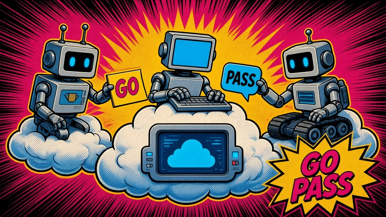 Comic pop-art panel of four small robot teammates sharing one computer, labeled Research, Inbox, Site, and Books, under a banner that says Same computer. They pass the work.