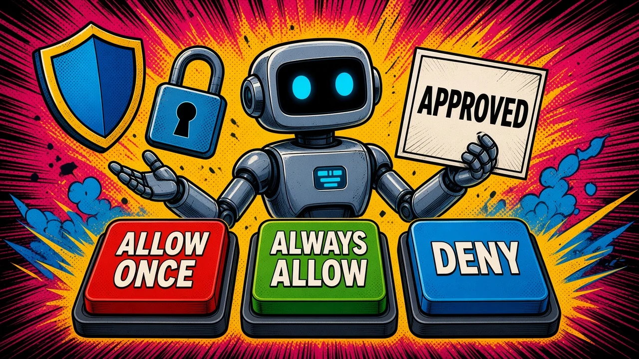 Comic pop-art panel of a small robot stopped at a gate, holding up a card, with three stamps that read Allow once, Always allow, and Deny, under the words You still say yes