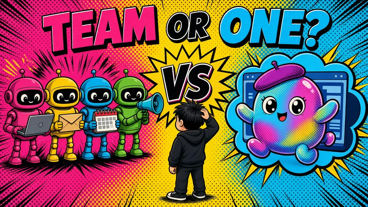Comic pop-art split scene: a team of four robots versus one bubbly blob agent, headline Team or one?