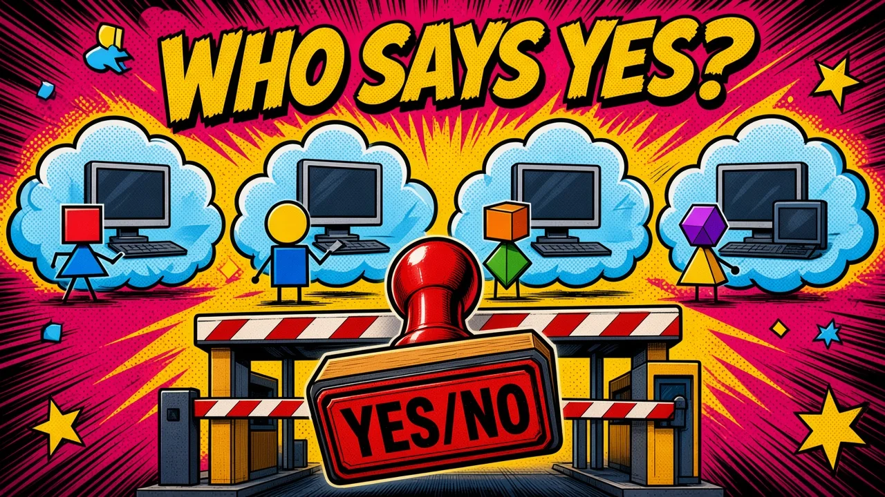 Comic pop-art scene of four small figures at cloud computers, stopped by a gate and a stamp that reads YES/NO, under the words WHO SAYS YES?