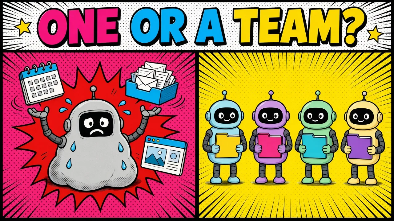 Comic pop-art panel: on the left one overloaded blob agent juggling a calendar, an inbox and a website; on the right a calm row of small robots, each holding a single folder