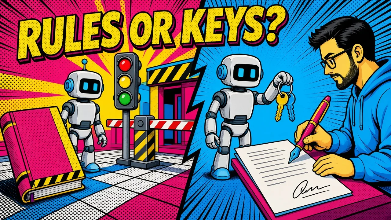 Comic pop-art panel: a robot stopped at a gate by a rulebook on one side, and on the other side a robot holding only two keys on a ring while a person signs off on a draft