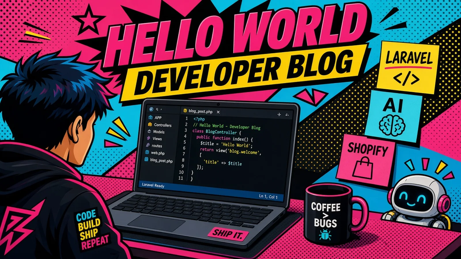 Comic pop-art hero: developer starting a Hello World blog with Laravel, AI, and Shopify sticky notes