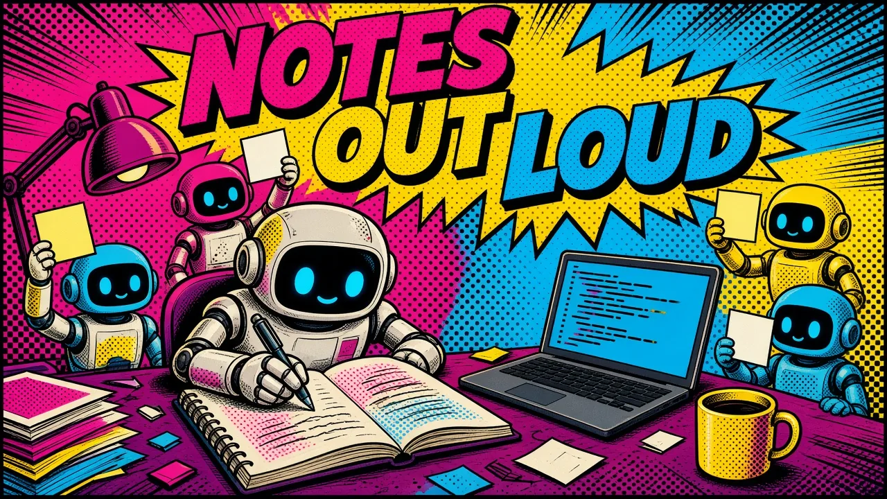 Comic panel of a robot writing in a big notebook at a desk while small helper robots hold up sticky notes