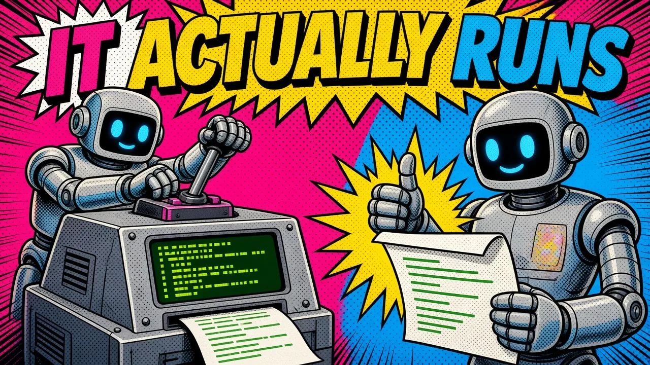 Comic panel of a robot pulling a lever on a terminal machine that prints a report while a reviewer robot gives a thumbs up