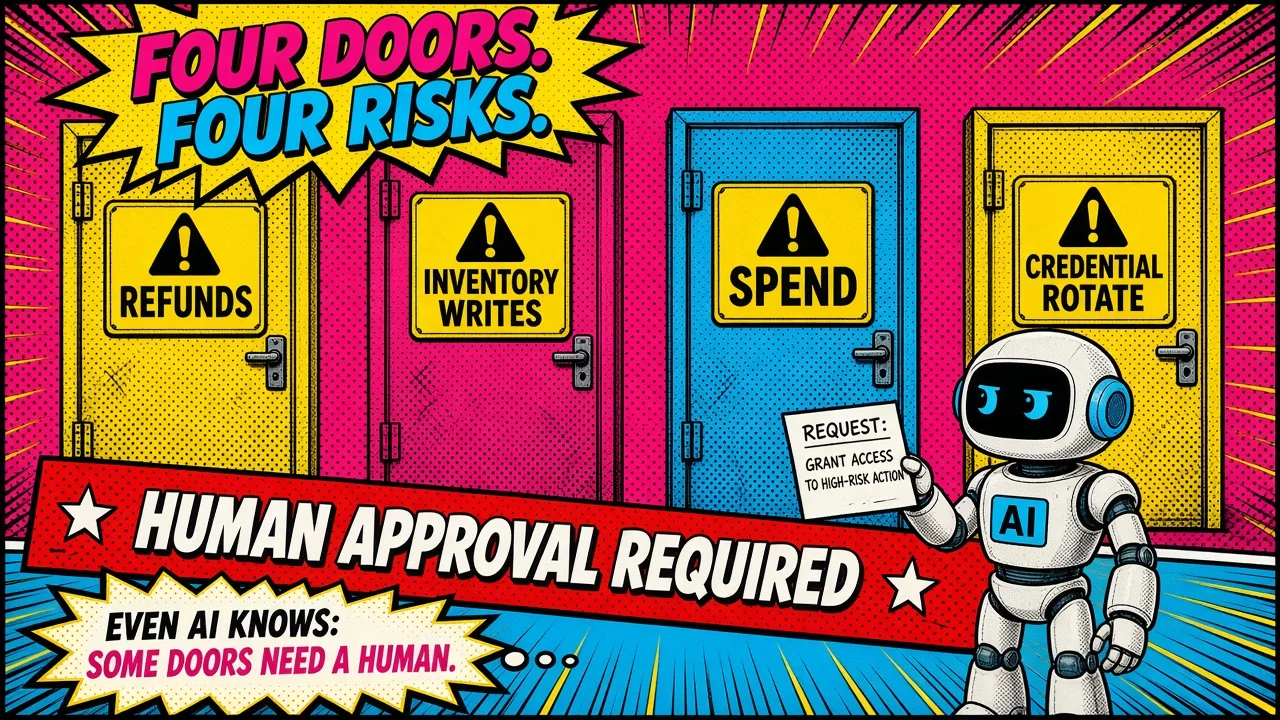 Comic pop-art panel: a robot holding a request slip in front of four doors labeled refunds, inventory writes, spend and credential rotate, under a human approval required banner