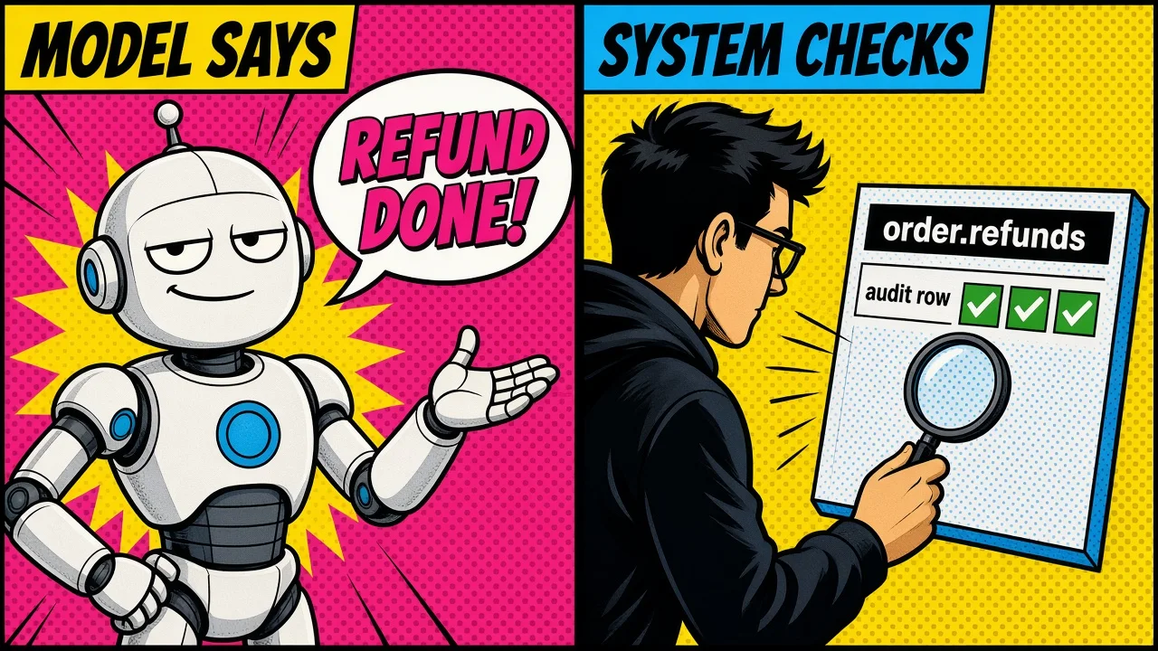 Comic pop-art panel: a model claims a refund is done while the system checks order refunds and the audit row