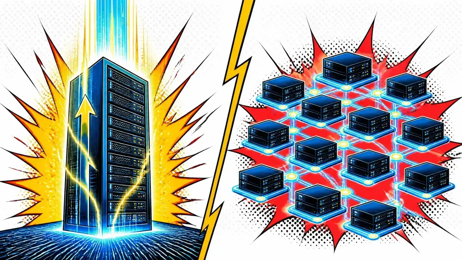 Pop-art comic-style illustration comparing a single growing server vs a fleet of servers multiplying