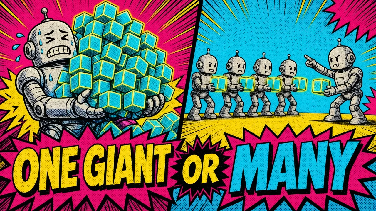 Comic panel of one giant robot straining under a pile of request cubes next to a line of small robots passing cubes along behind a dispatcher