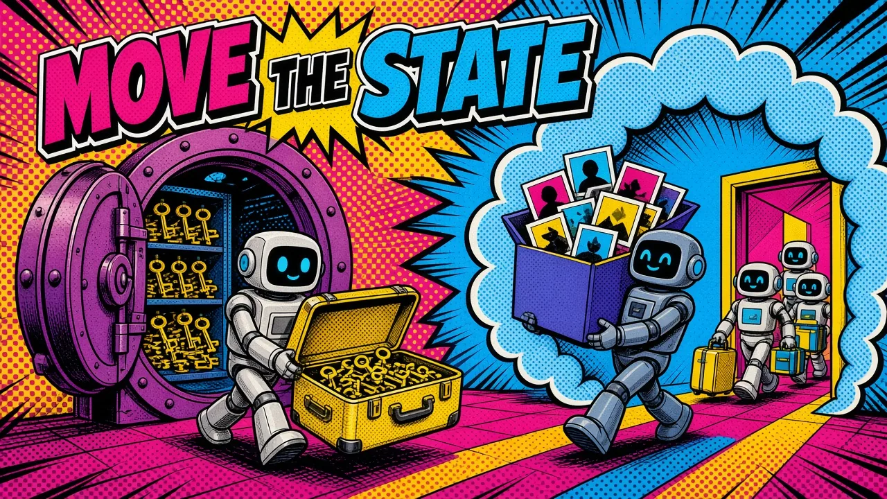 Comic panel of a robot moving keys into a shared vault and photos into a cloud locker while new server robots arrive
