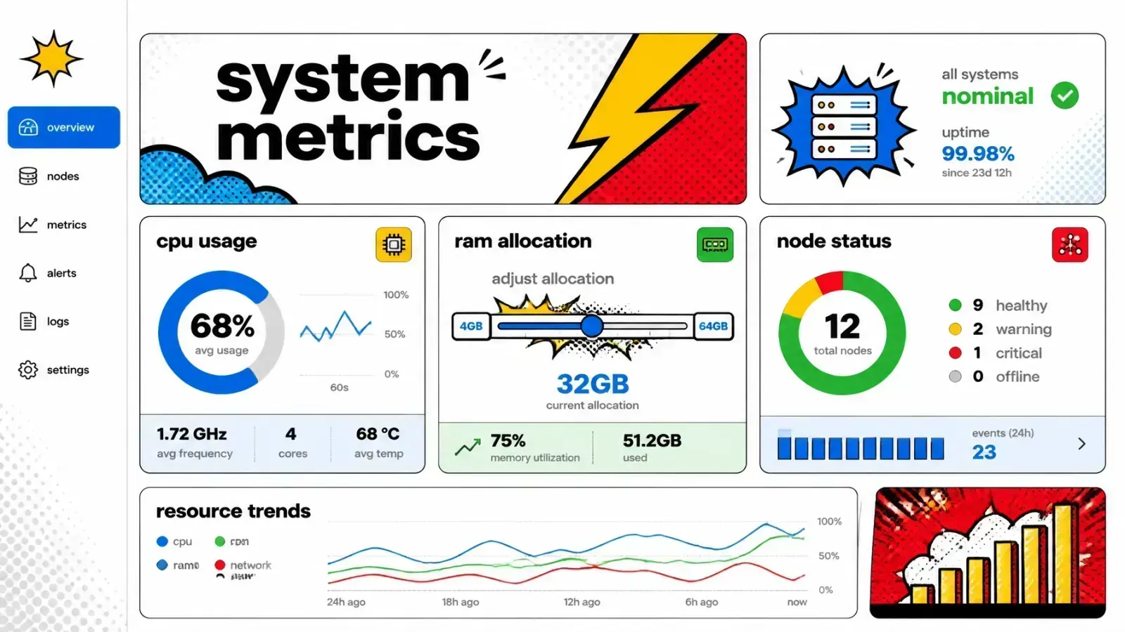 Server monitoring dashboard showing CPU, RAM, and database load metrics in a bento grid layout