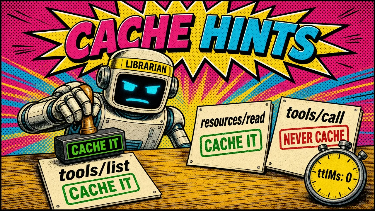 Comic pop-art panel: cache hint cards for tools/list, resources/read, non-cacheable tool calls, and ttlMs zero