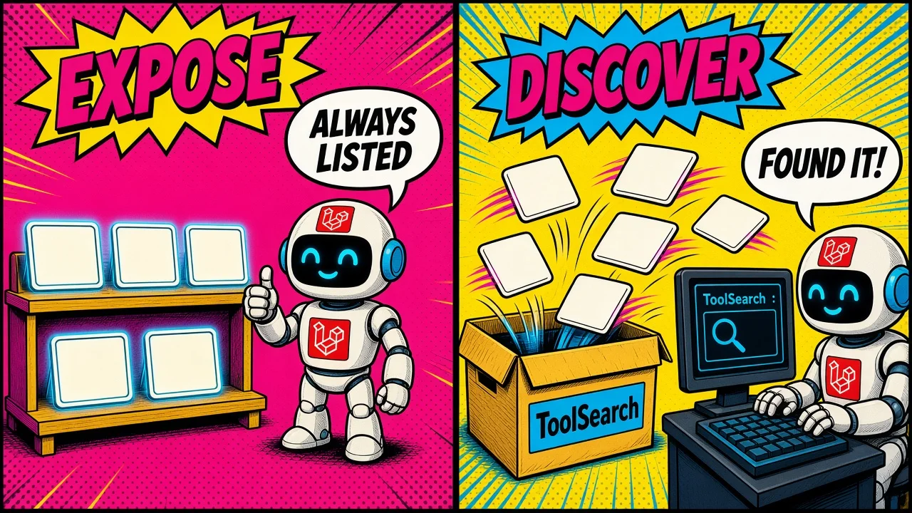 Comic pop-art panel in two columns: always-listed tools on one side, tools discovered through ToolSearch on the other