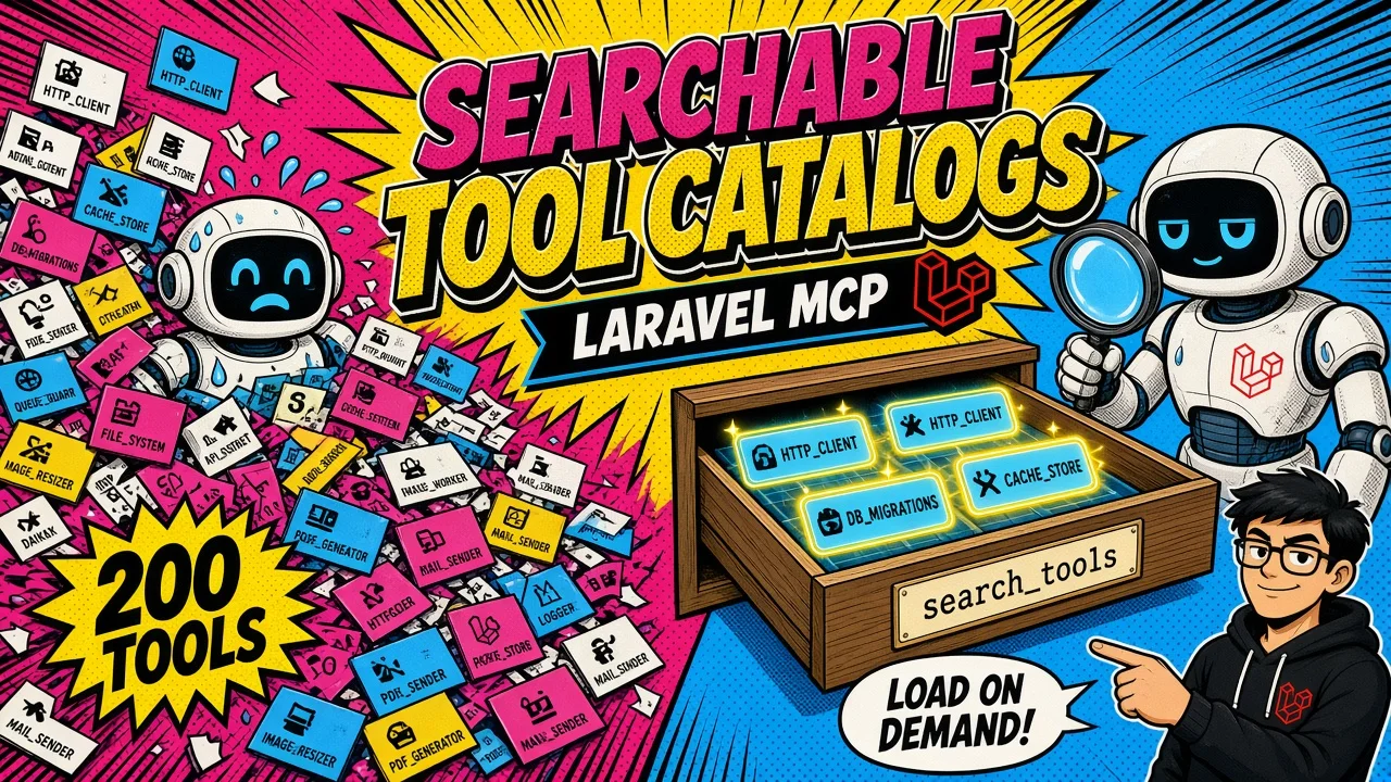 Comic split: bloated all-tools context dump vs hot tools plus ToolSearch discovery