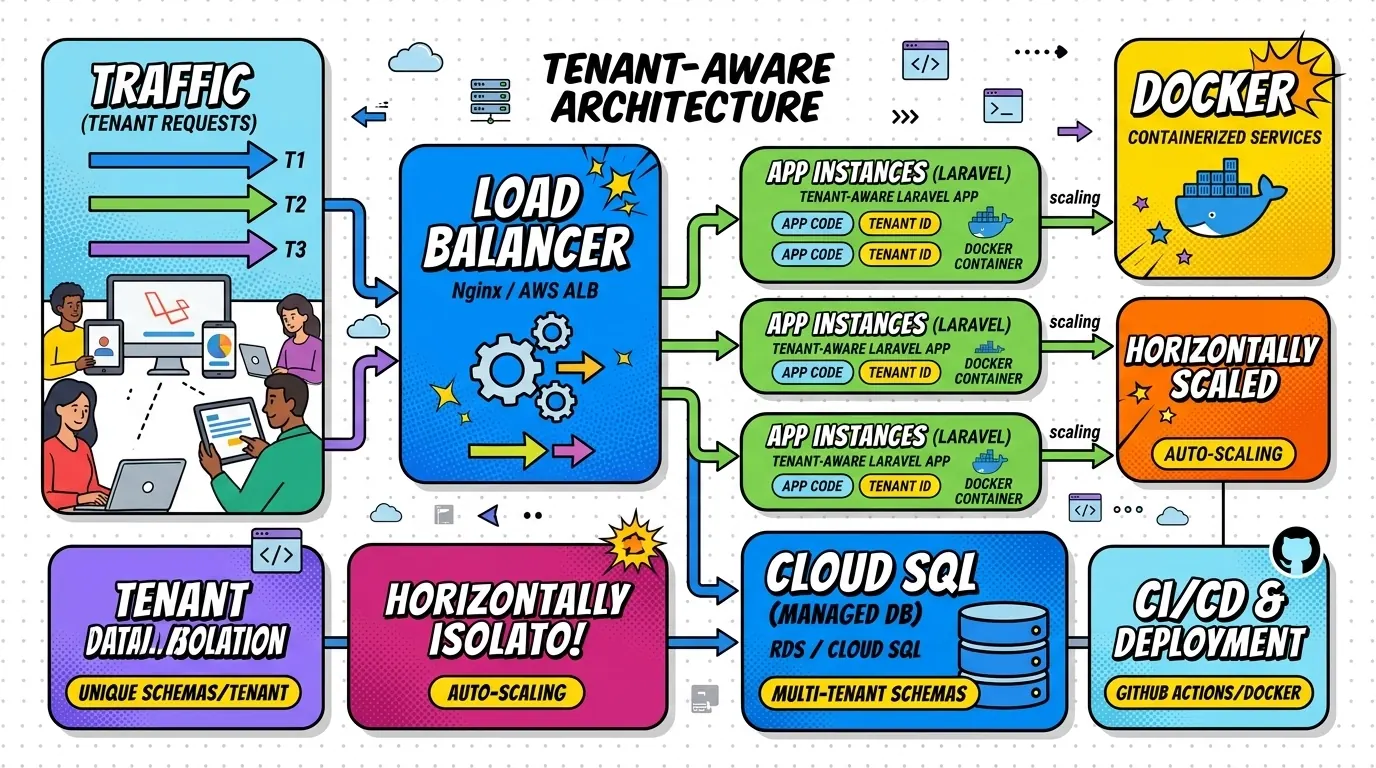 Cloud infrastructure diagram for a multi-tenant Laravel deployment