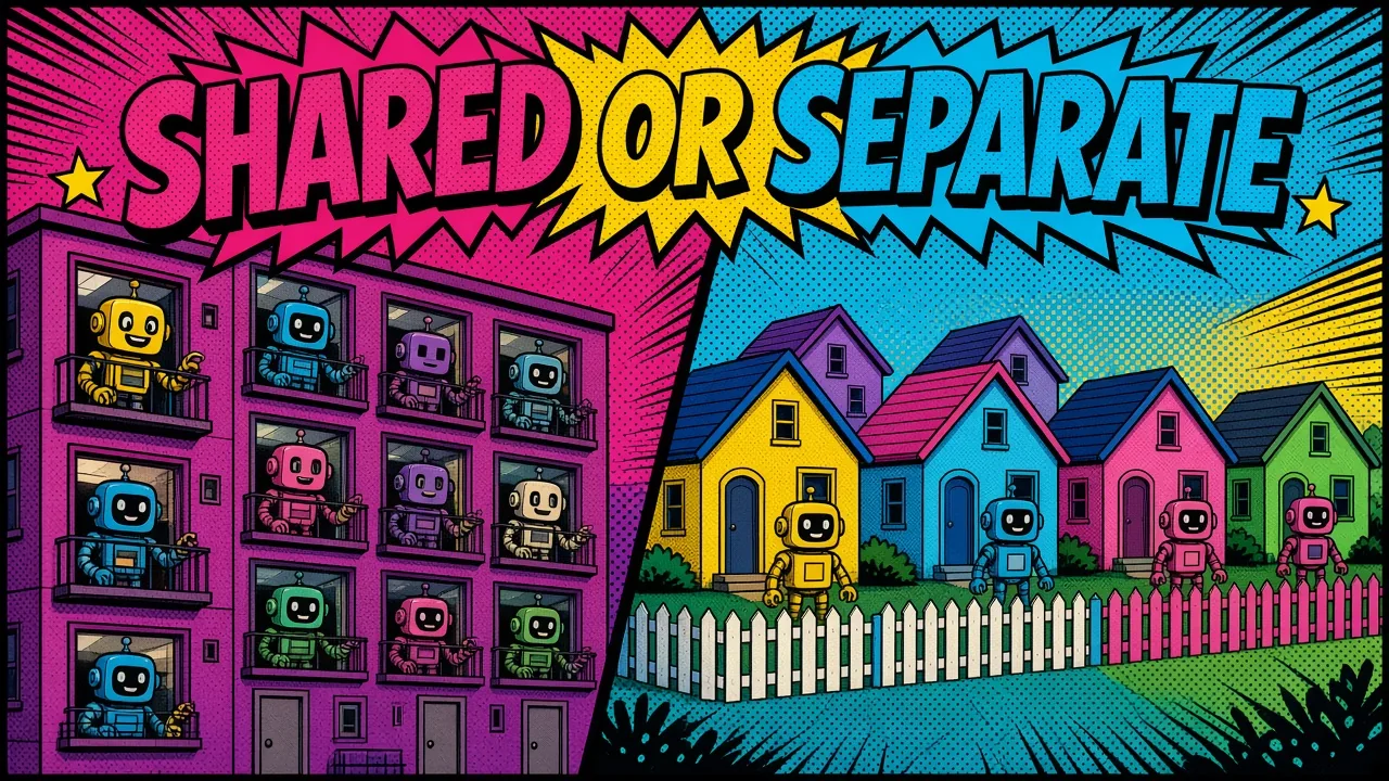 Comic panel of tenant robots sharing one apartment building next to robots each living in their own fenced house