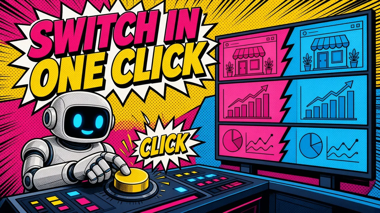 Comic panel of a robot pressing one button as a wall of screens switches from one shop dashboard to another