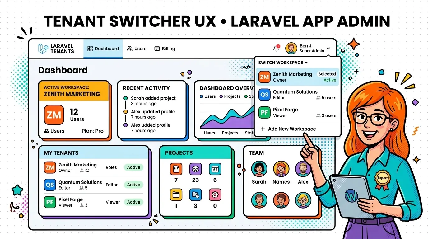 Tenant switcher UI mockup in a Vue dashboard