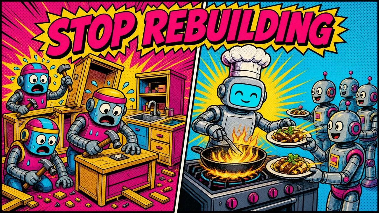 Comic panel of builder robots rebuilding a kitchen for every order next to a calm chef robot serving from a hot stove