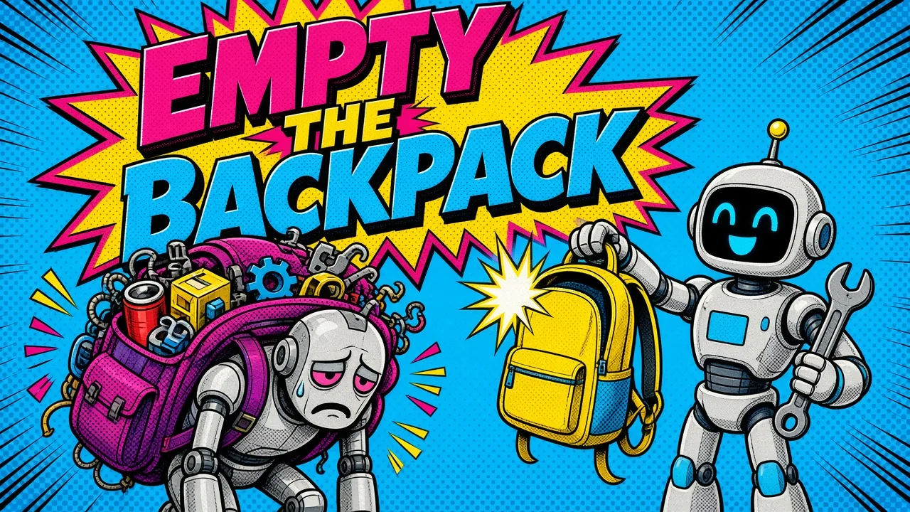 Comic panel of a worker robot with an overstuffed backpack getting a fresh empty one from a robot with a wrench