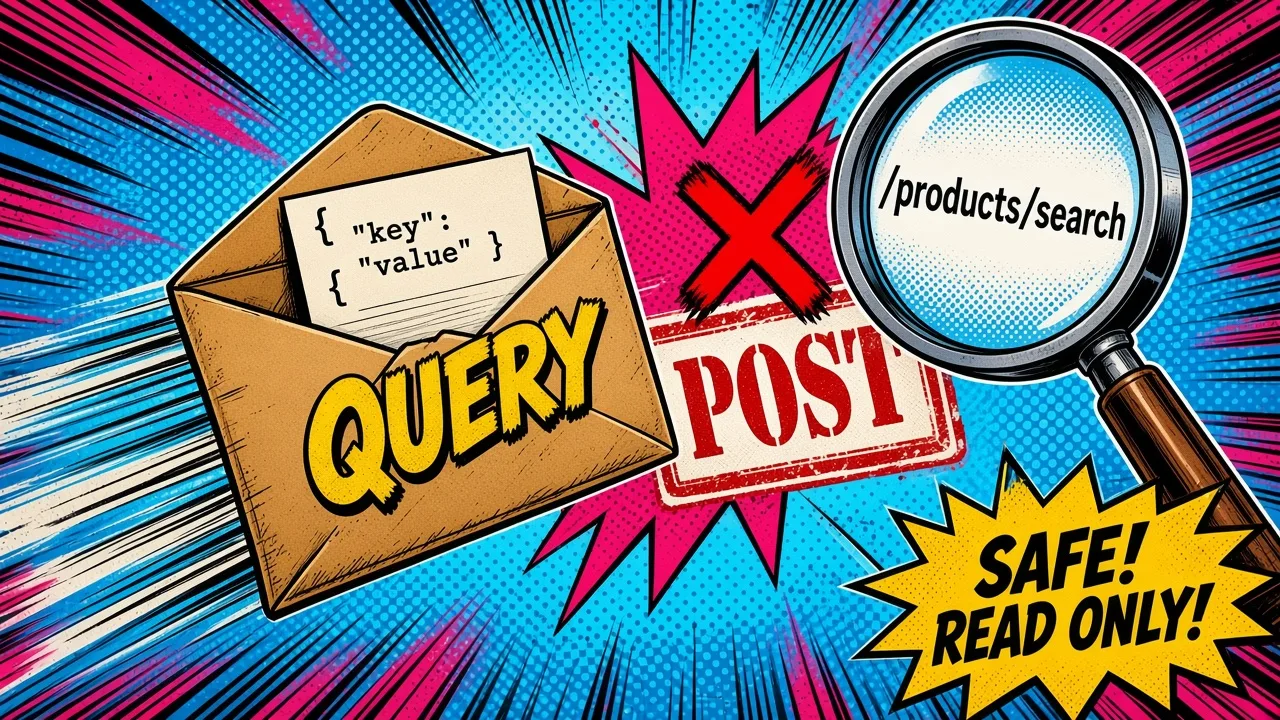 Comic pop-art HTTP request envelope stamped QUERY flying past a crossed out POST stamp toward a search endpoint