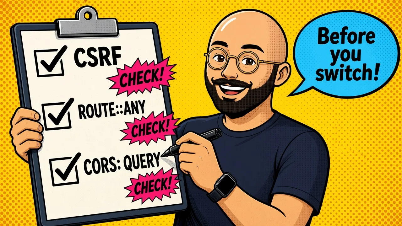 Comic checklist panel with three boxes labeled CSRF, ANY routes, and CORS being ticked