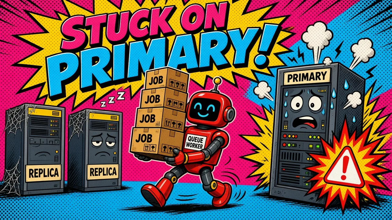 Comic pop-art queue worker robot carrying job boxes past two empty read replica servers and straight to one overloaded primary database