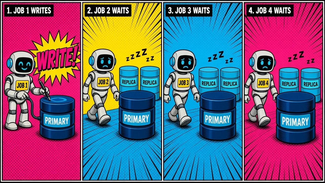 Comic pop-art timeline: a worker runs job 1 which writes, then jobs 2, 3 and 4 all walk to the primary database while the replicas sit idle