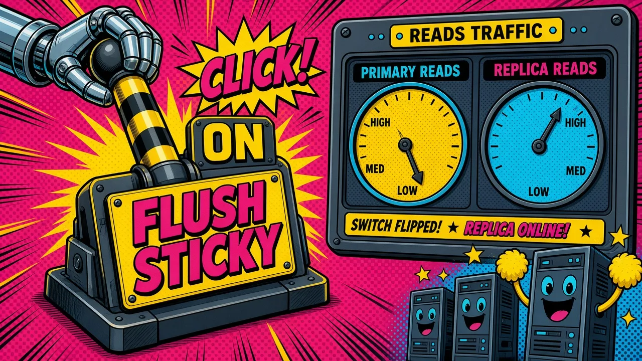 Comic pop-art dashboard: two bar charts, primary database reads dropping and replica reads rising after a switch labeled flush sticky is flipped