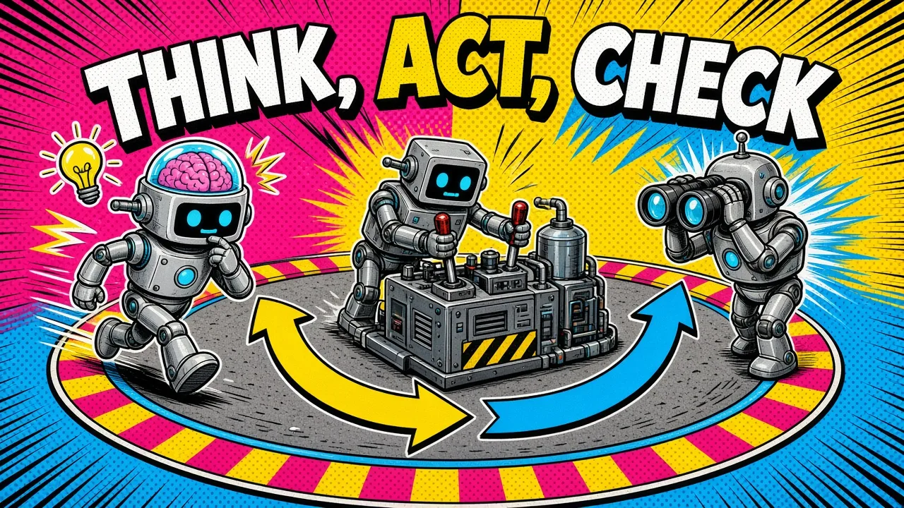 Comic panel of robots on a round track thinking with a lightbulb, working a machine's levers, then checking the result through binoculars