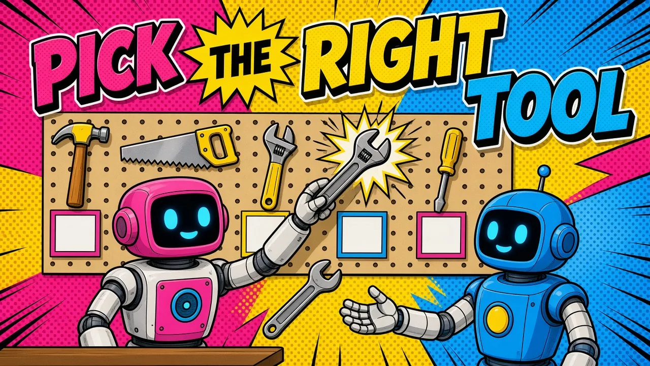 Comic panel of a robot dispatcher choosing the right wrench from a wall of tools for a waiting robot