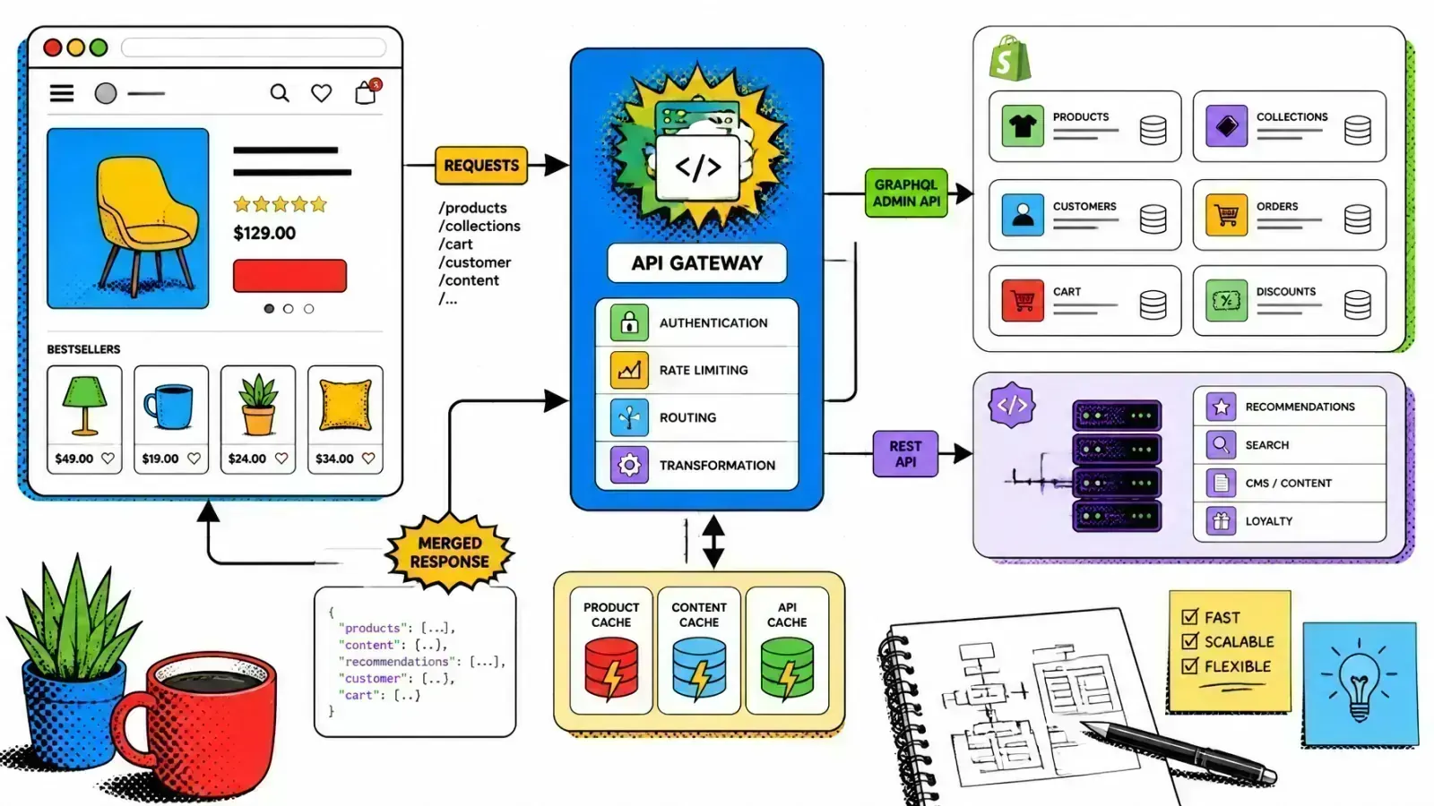 Headless commerce diagram: a browser storefront calls one API gateway that merges Shopify Storefront API data with a custom backend and caches frequent queries into a single response