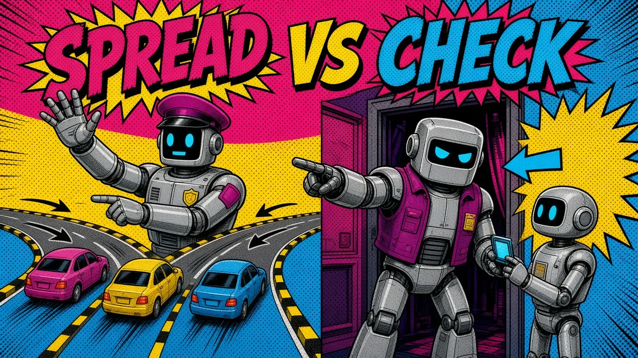 Comic panel of a traffic robot spreading cars across lanes while a bouncer robot checks a badge at a door