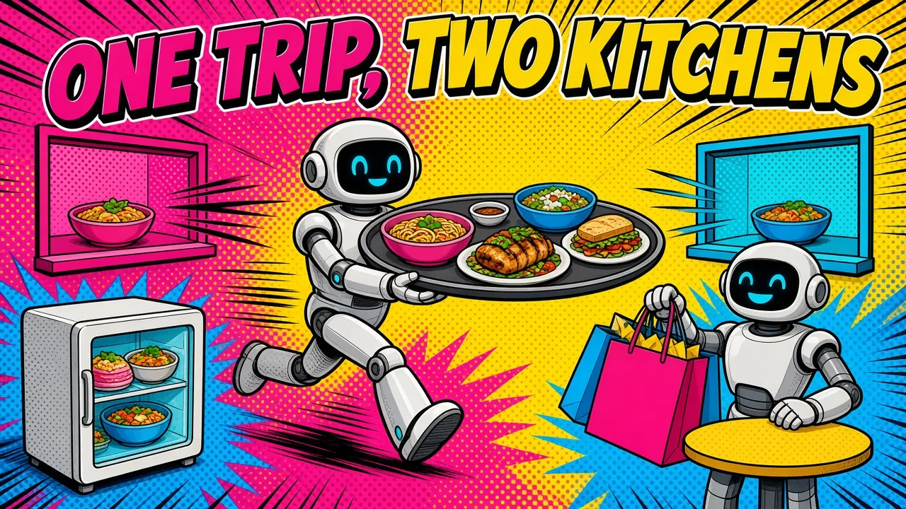 Comic panel of a waiter robot carrying one tray from two kitchen windows to a shopper robot, with a fridge of ready dishes nearby
