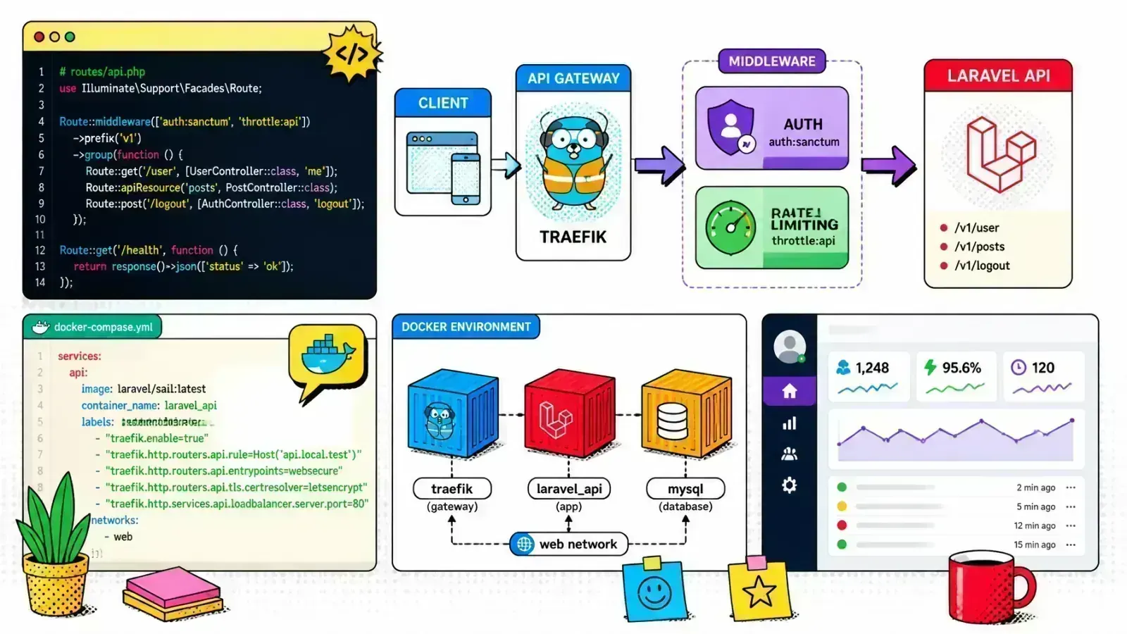 Technical illustration of Traefik fronting a Laravel app in Docker, using container labels for forward-auth and rate-limit middleware before requests reach the application