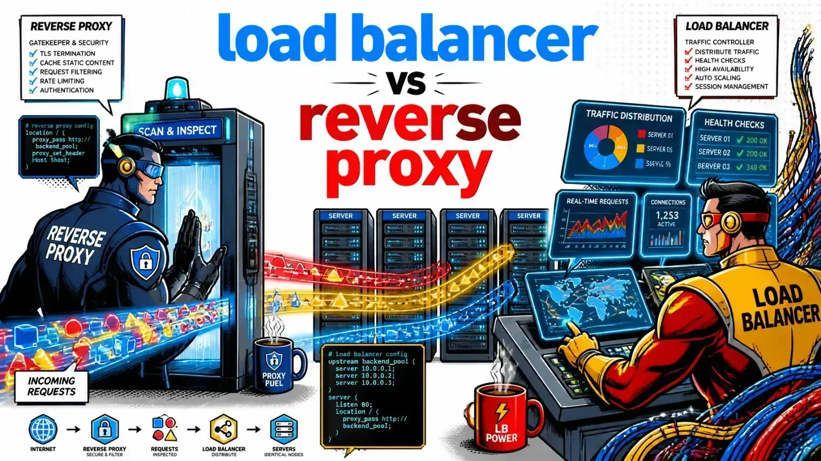 Pop-art comic illustration contrasting a load balancer distributing traffic with a reverse proxy shielding backend servers