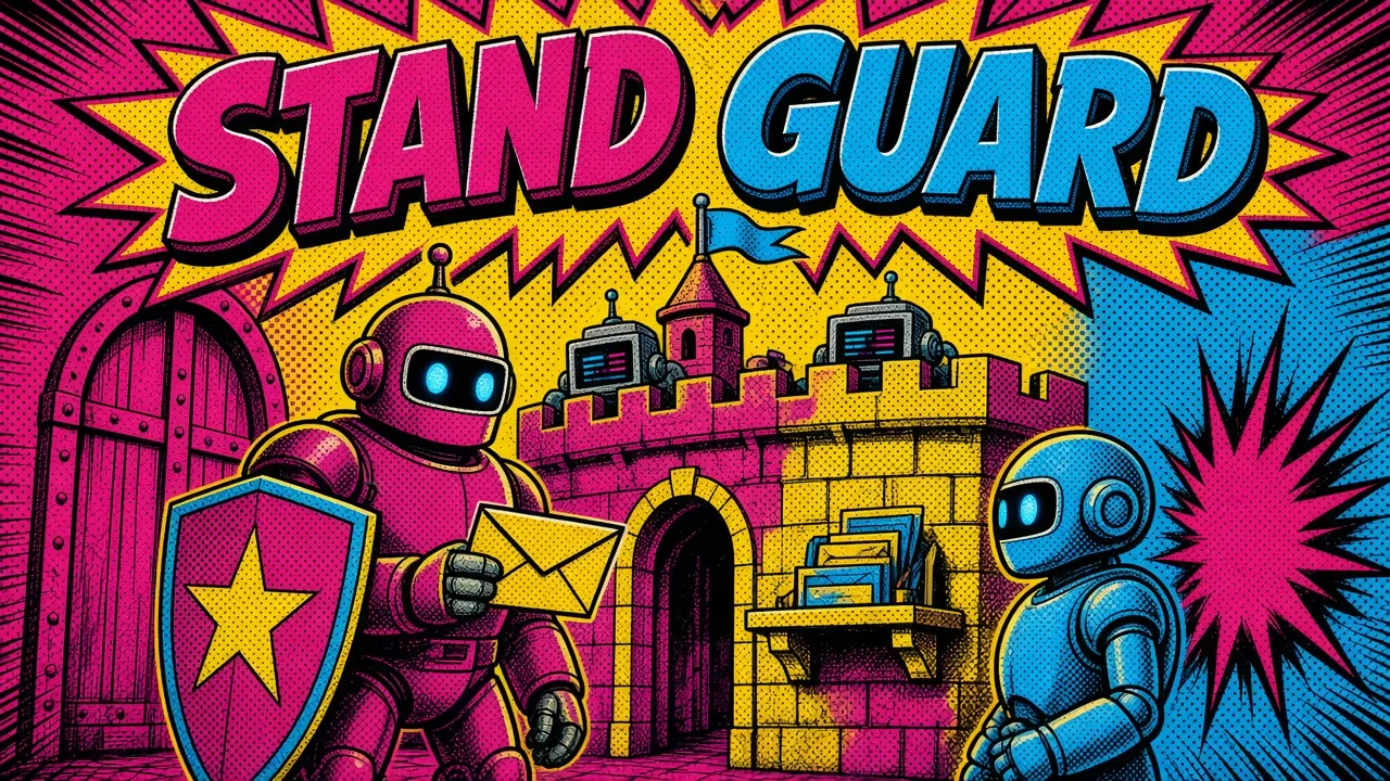 Comic panel of a shield-carrying guard robot holding an envelope at a castle gate while a second robot waits beside a shelf of cached copies