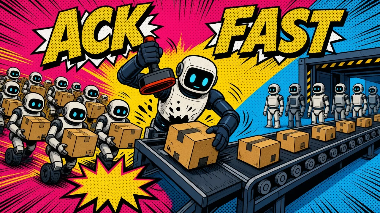 Comic panel of a crowd of robots carrying boxes toward a robot with a big stamp that pushes each box onto a conveyor to waiting worker robots
