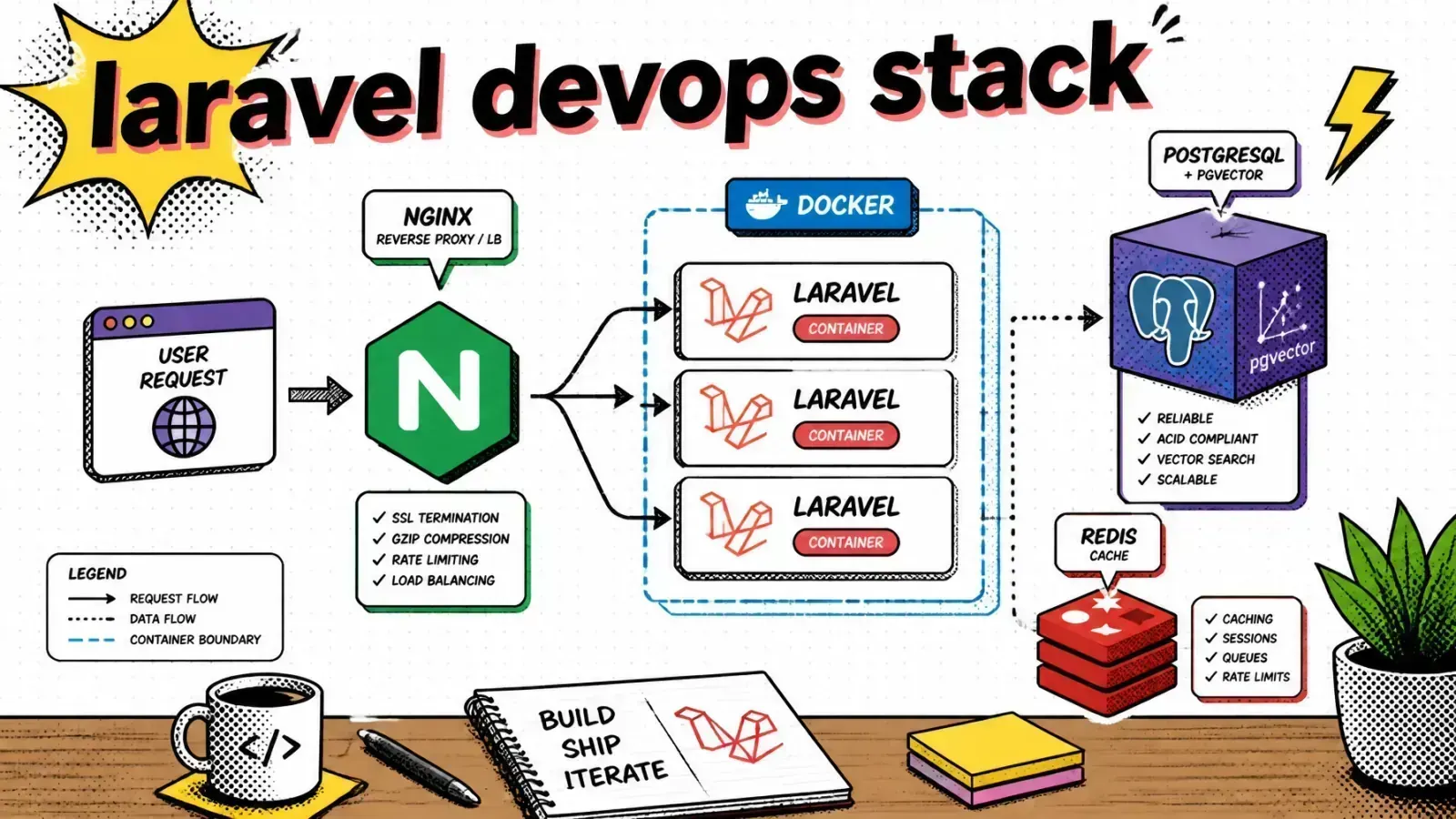 Architectural diagram for a Laravel application stack using Nginx and Docker
