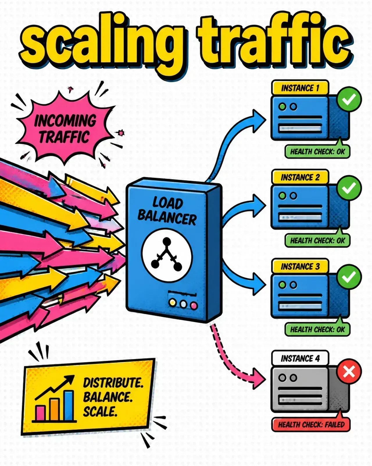 Illustration of a load balancer distributing traffic across multiple healthy server instances