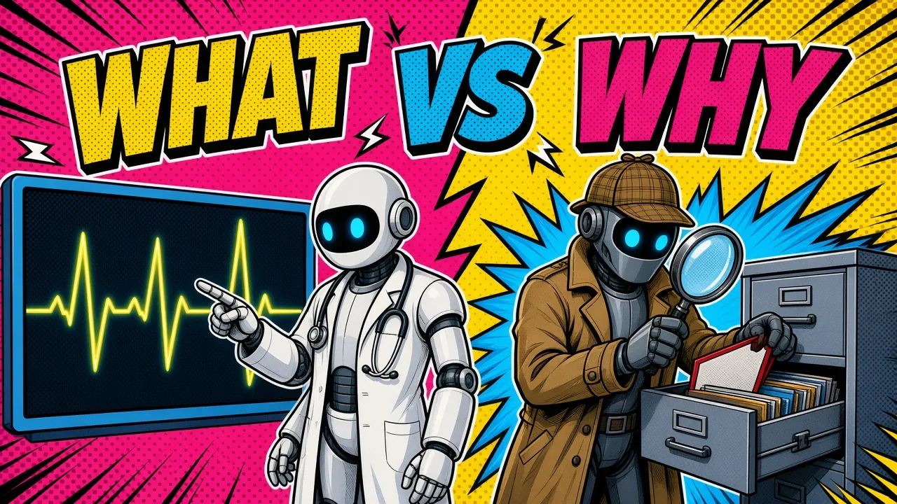 Comic panel of a doctor robot pointing at a heartbeat monitor next to a detective robot with a magnifying glass pulling a card from a filing cabinet